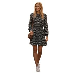 Dark Floral Smocked Mini Dress Long Sleeve Prairie Boho Romantic Size XXS